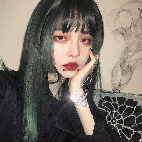 

synthetic wigs buqi straight green with bangs16inches heat resistant hair for women cosplay party halloween lolita, Black