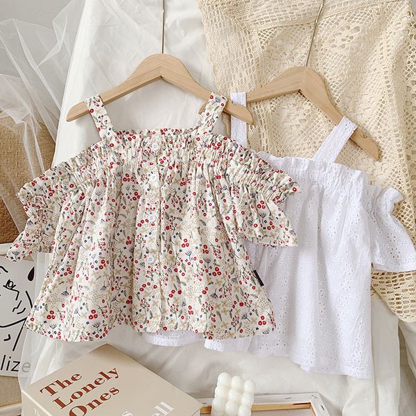 

2020 summer new arrival girls fashion shoulder-off t shirt kids floral girls, Blue