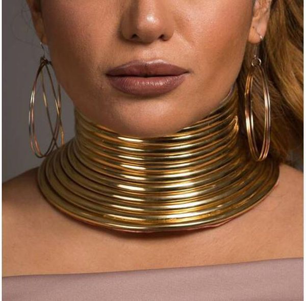 Урожай мода панк гот-сплава металлический кожаный воротник ожерелье Chokers для женщин мужчины золотая длина 46см (18 дюймов)