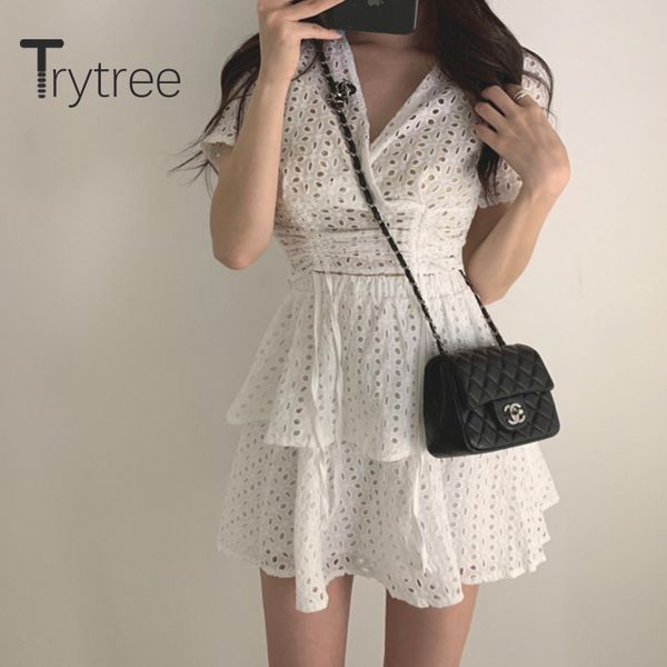 

trytree 2020 summer women two piece set casual v-neck drawstring hollow out + skirt mini cake skirt fashion set 2 piece, White