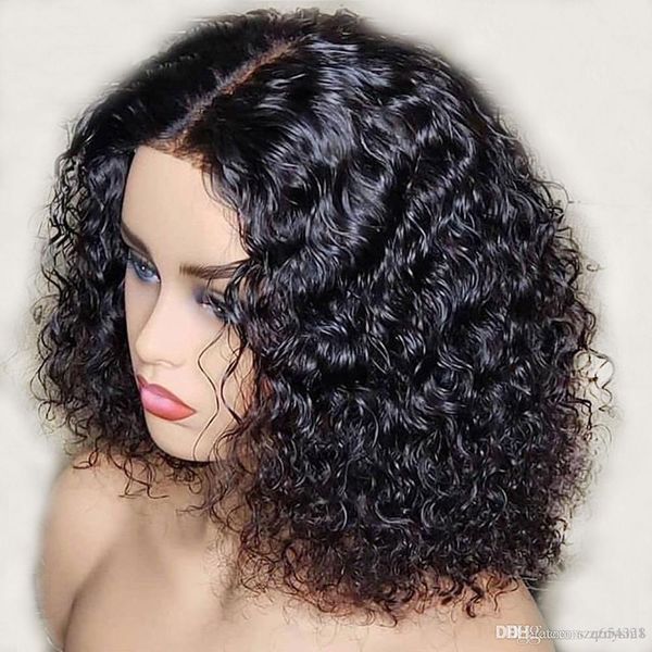 

короткие тупые вьющиеся вьющиеся боб 13 * 6 глубокая часть кружева перед парики человеческих волос для чернокожих женщин бразильский реми пр, Black