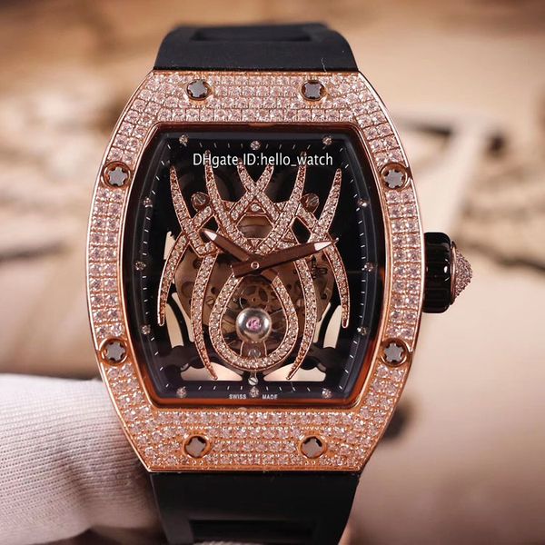 

new rose gold case rm19-01 black skeleton spider diamond dial miyota automatic mens watch diamond bezel rubber sport watches hello_watch, Slivery;brown