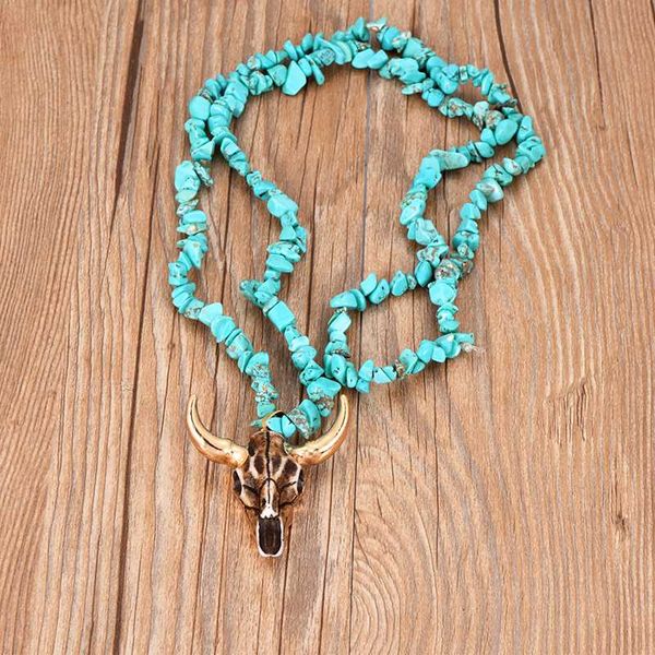 

ethnic vintage natural stone cow head pendant necklace for women long statement color shell crystal blue necklace for men gift, Silver