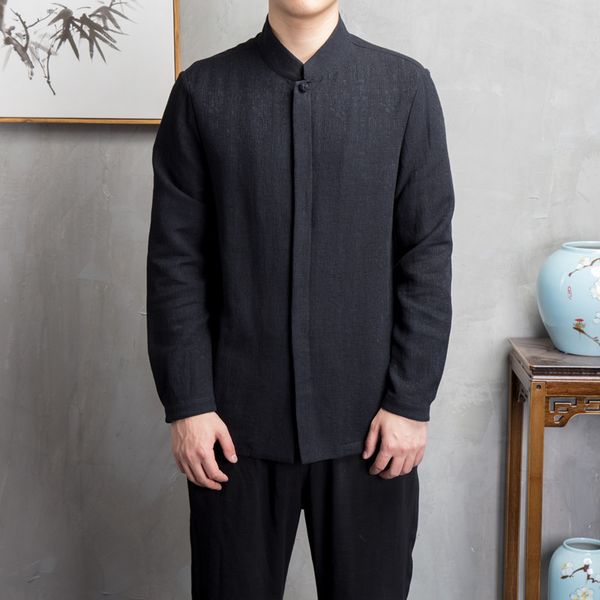 

2019 autumn chinese style men shirt long sleeve kimono casual men's shirts linen streetwear men clothing, White;black
