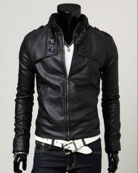 

large size perennial large cargo selling autumn and winter stand collar locomotive leather coat short slim fit leather coat, Black