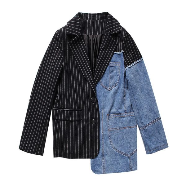 

2019 spring office lady blazers small suit jacket women's blouse stripes splicing collision color cowboy long sleeved blazers, White;black