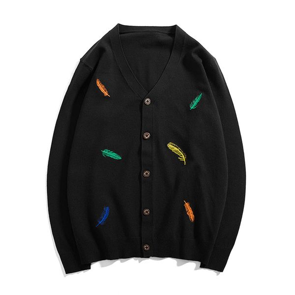 

knit cardigan men's v-neck slim feather embroidery handsome men's sweater jacket ins tide brand spring j680, White;black