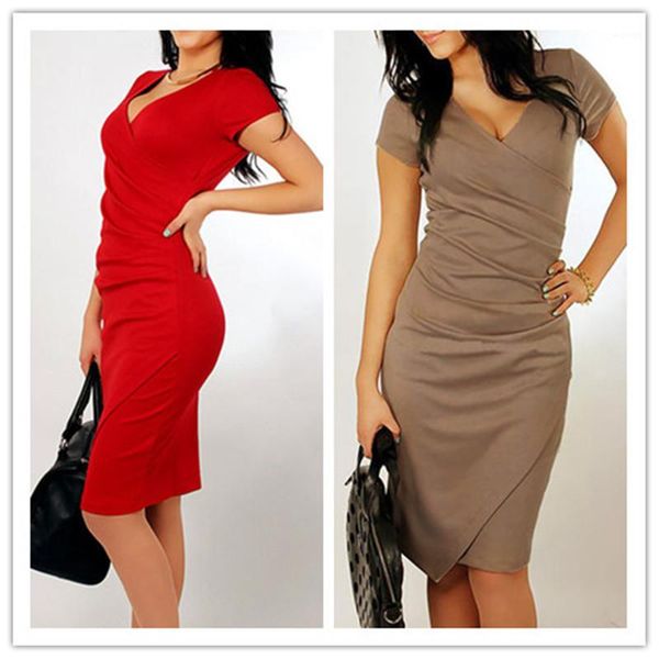 

femme clothing office ladies elegant short sleeve dress slim wrap hip asymmetrical summer women dresses coffee black red fashion, Black;gray
