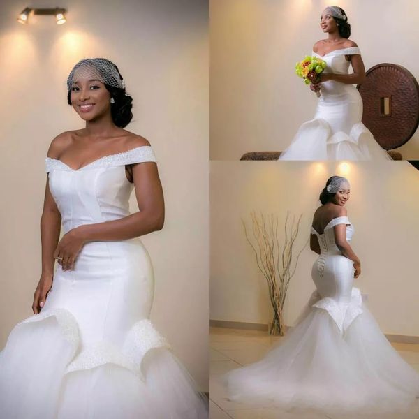

2019 new arabic african mermaid wedding dresses off shoulder crystal beaded sweep train tulle corset back plus size formal bridal dress, White