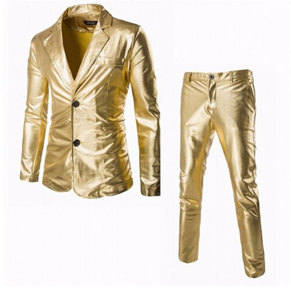 

men gold silver metallic shiny suits night club dancing blazer+pants set man trend new stage party slim fit dress suit, White;black