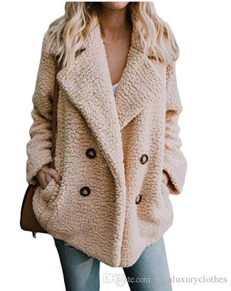 

women plush solid color jacket buttons turn down collar pocket designer winter coats, Black;brown
