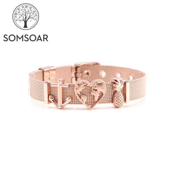

dropshipping somsoar jewelry rose gold anchor & pineapple & heart map mesh bracelet set stainless steel bangle for women, Golden;silver