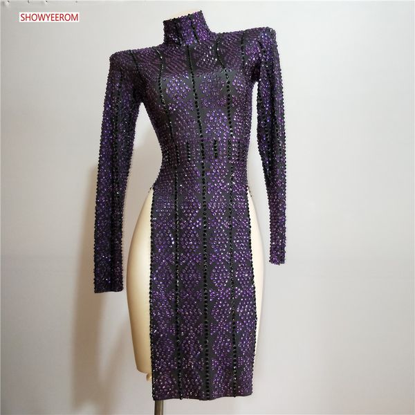 

full rhinestone dress lady evening party luxurious purple black stretch long sleeves dress prom birthday celebrate dresses, Black;red