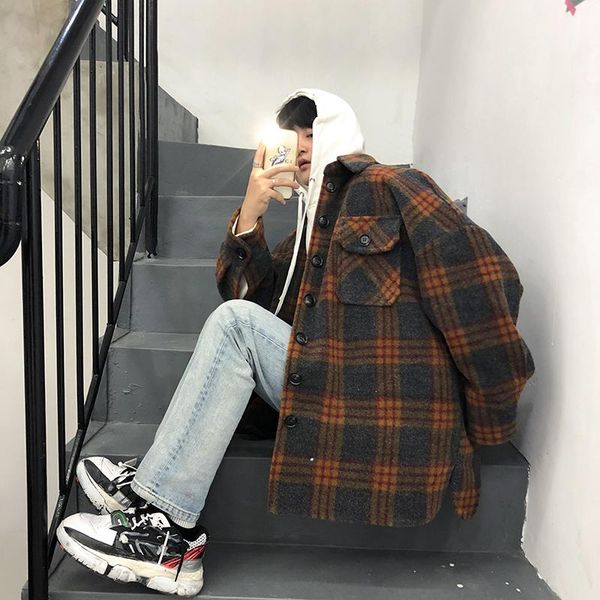 

2019 ранняя осень новый корейский мужской свободный лацкан шерстяной ins super fire повседневная студенческая решетка harajuku street теплая, Black