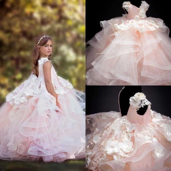 

2020 princess baby flower girls dresses tiered skirts lace 3d floral appliqued girl pageant dress v neck floor length girls formal gowns