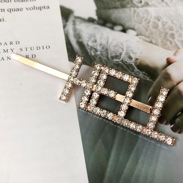 

2019 european and american fashion letter set with white rhinestone hairpin wall accessories headdress sweet style hairpin, Golden;white