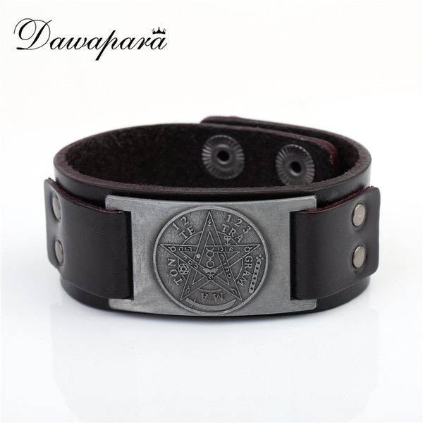 

dawapara wicca sigil studded pentagram charm leather cuff wristband punk bracelets & bangles drop shipping, White