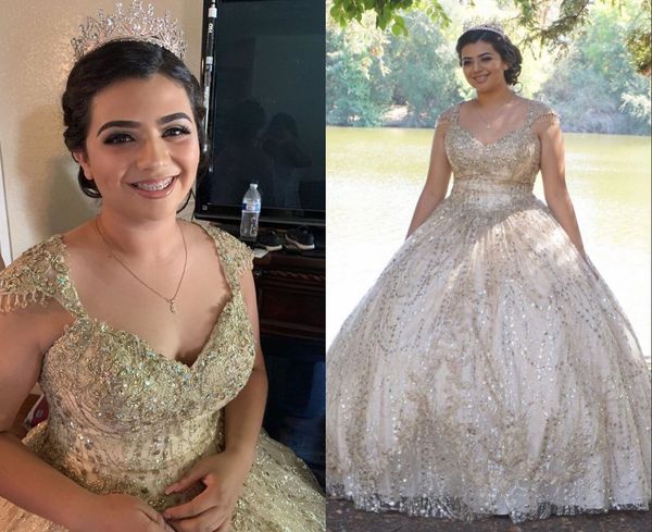 

amazing gold sequined fabric ball gown quinceanera prom dresses tulle applique lace cap sleeves sweet 15 masquerade evening gown, Blue;red