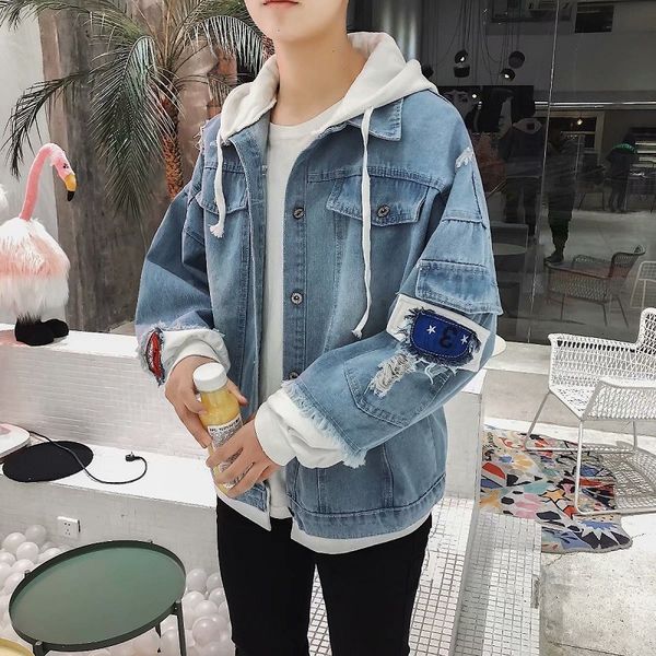 

male coat jackets false two piece hooded denim jacket autumn long sleeve oversized outwear streetwear coat, Black;brown