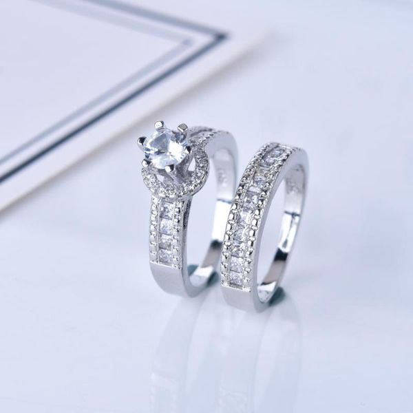 

crystal female zircon wedding ring set fashion silver color white bridal ring jewelry promise love engagement rings for women, Slivery;golden