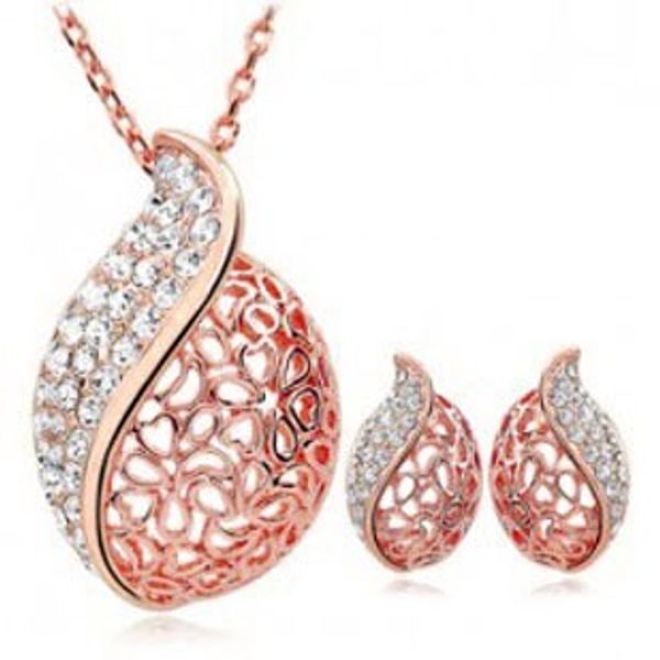 

wholesale white hollow leaf pendant rhinestone crystal jewelry sets necklace earrings fashion party gift, Silver