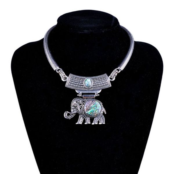 

wholesale 5 pcs trendy silver plated elephant shape abalone shell pendant necklace green turquoise stone jewelry