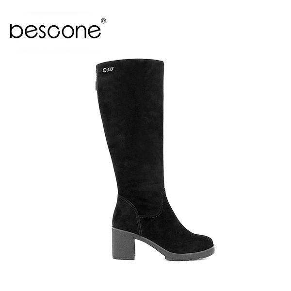 

bescone women knee high boots comfortable thick heel round toe kid suede shoes new .5 cm high heel wool fur ladies boots b24, Black