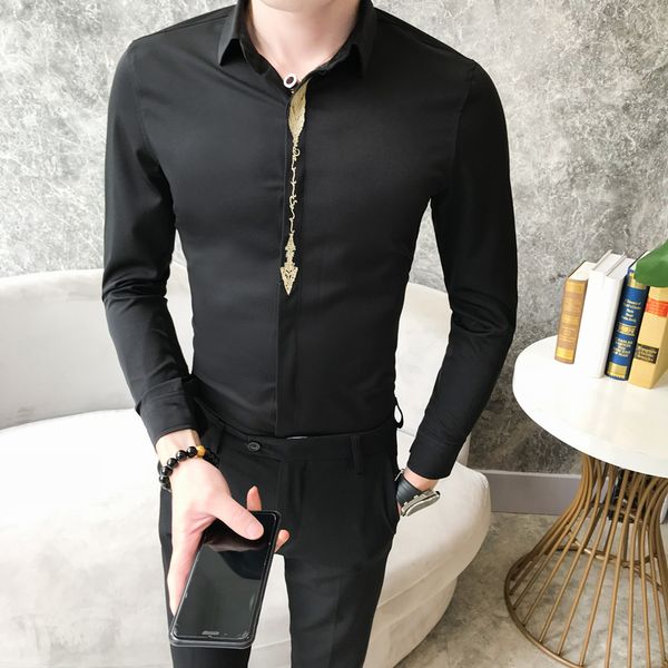 

High Quality Tuxedo Men Shirt Brand Designer Embroidery Slim Fit Mens Casual Shirts Long Sleeve Gentlemen Blouse Homme 3XL-M Hot