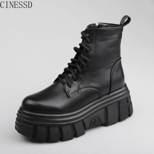 

europe station's 2020 new platform muffin wedges lace-up motorcycle boots with fleece booties fashionable shoes women, Black