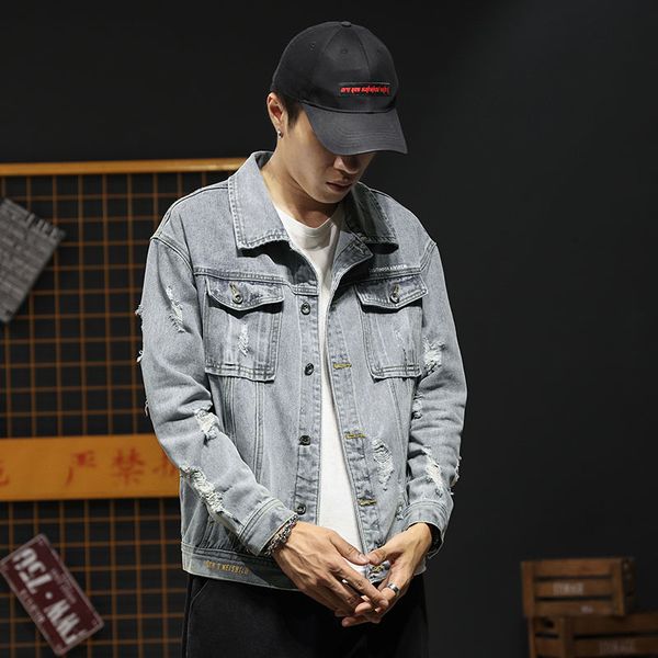 

autumn new denim jacket men fashion washed solid color casual hole denim jacket man streetwear hip hop loose bomber, Black;brown