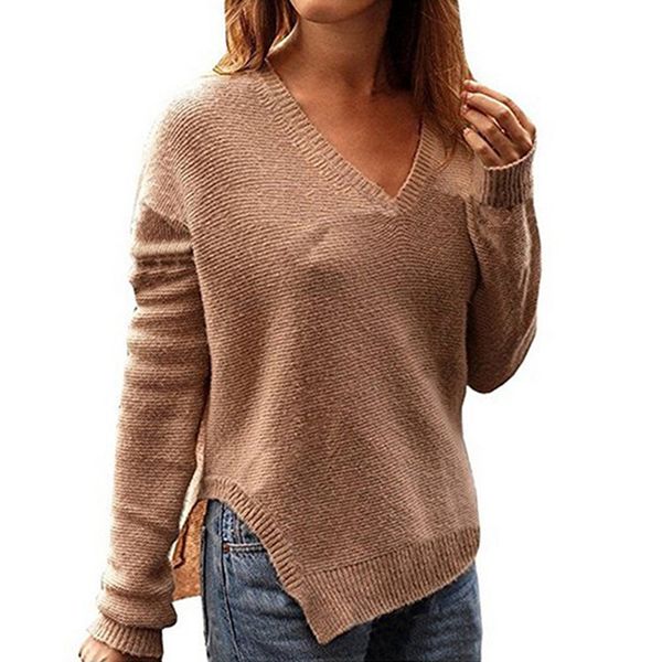 

autumn winter v neck knitted solid color pullovers women slim knit high split hem sweater jumpers feminina women sweater, White;black