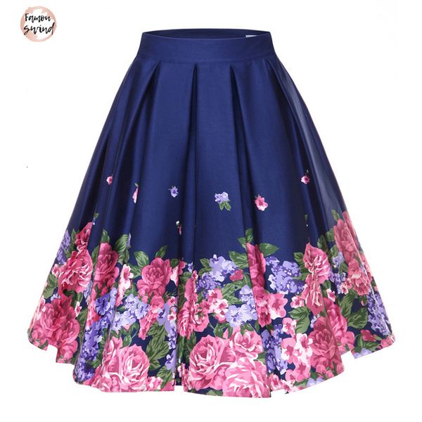 

a line skirt floral print vintage summer pleated skirts womens high waist plus size midi cotton 4xl swing, Black