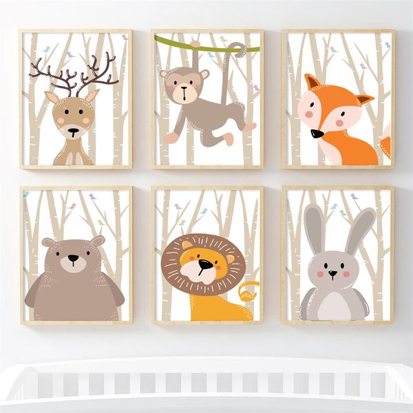 

woodland animals bear lion deer wall art canvas painting nordic posters and prints nursery wall pictures kids room