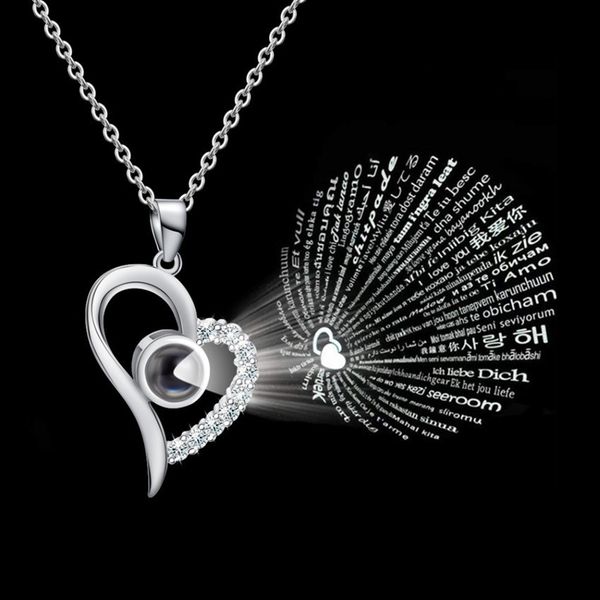 

dropshippi silver 100 languages i love you projection pendant necklace women cz jewelry stainless steel gold chain collier femme
