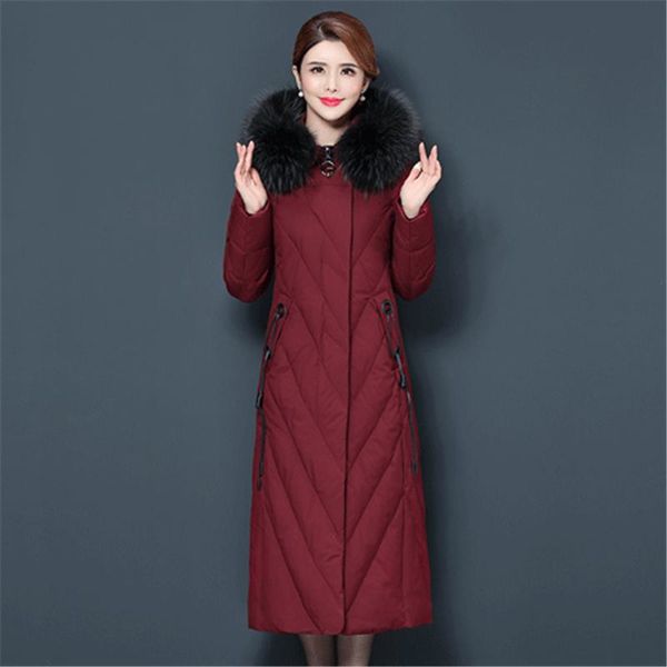 

2019 winter middle age women real fur collar hooded white duck down long jackets mother thick down outerwear coat parka m17, Black
