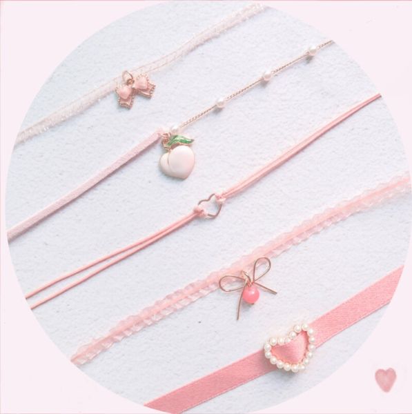 

sweet pink lace velvet choker ожерелье bowknot сердце pearl бисер подвеска воротник чокеры ключица ожерелье девчушка harajuku style, Golden;silver