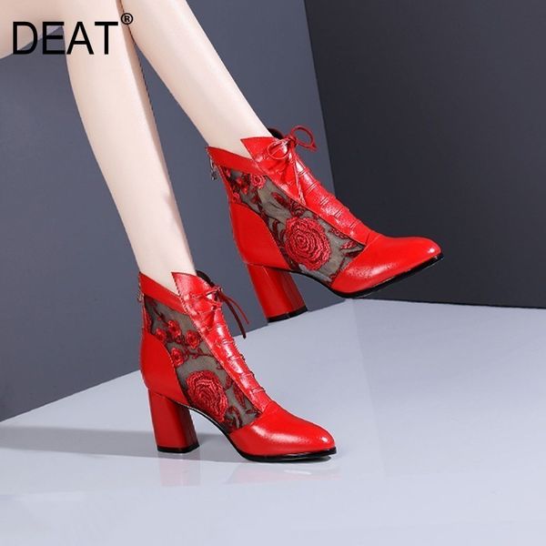

deat] 2019 new spring summer round toe lace-up zipper mesh embroider flower high heels single women short boots fashion 10b992, Black