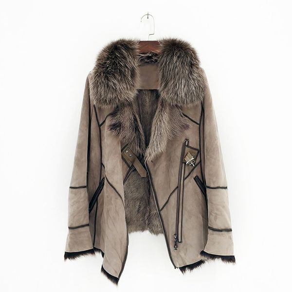 

arlenesain custom 2019 new design gray color shearling women jacket with fur collar, Black