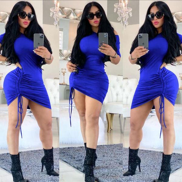 

one shoulder summer dress women fold drawstring bandage dress short sleeve ruched slim elastic bodycon mini vestidos, Black;gray