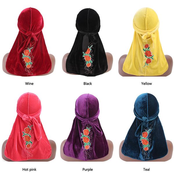 

awaytr rose embroidered velvet durag women men bandanas headwear turban hat headband hat wigs long tail headwrap chemo cap