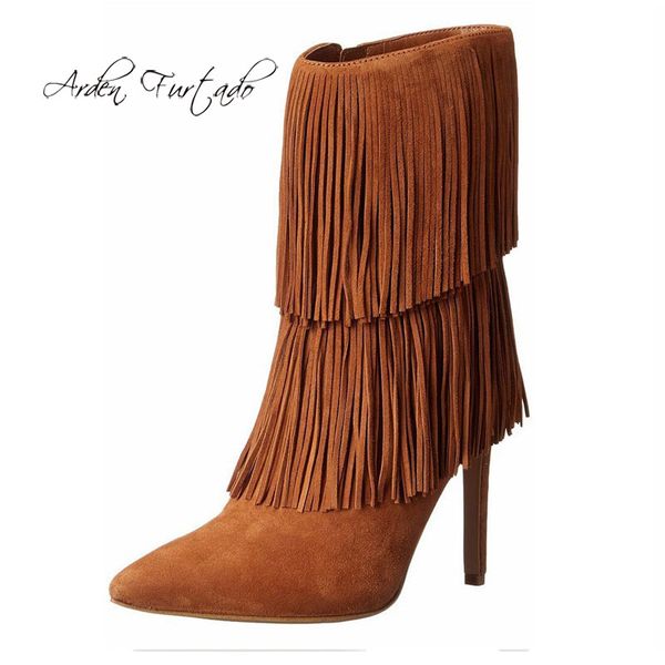

arden furtado fashion women's shoes winter brown fringed pointed toe stilettos heels elegant ladies boots pure color, Black