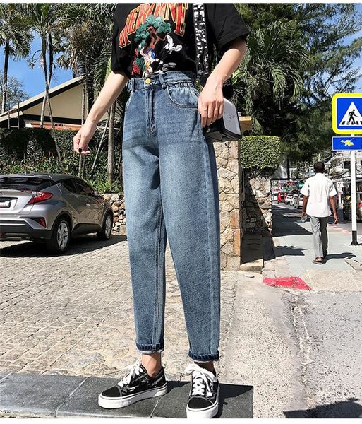

2019 summer women elastic waist wide leg harem jeans vintage high waist boyfriend denim pants, Blue