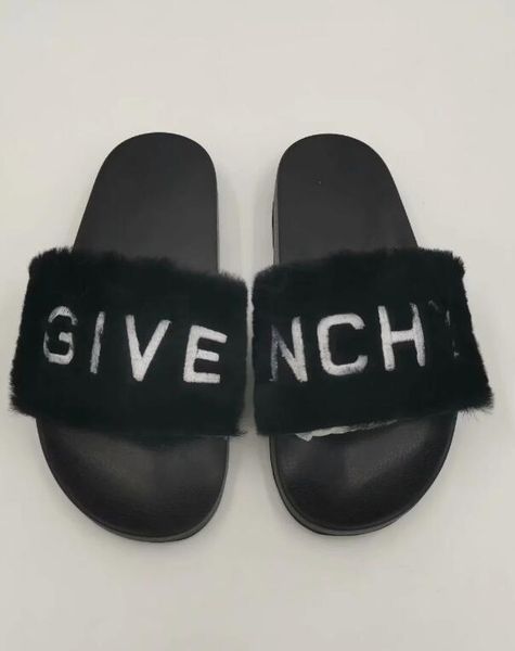 

2019 real fox fur slippers slides shoes furry fuffly slipper flip flops sandals sliders drag sandal summer shoes women, Black