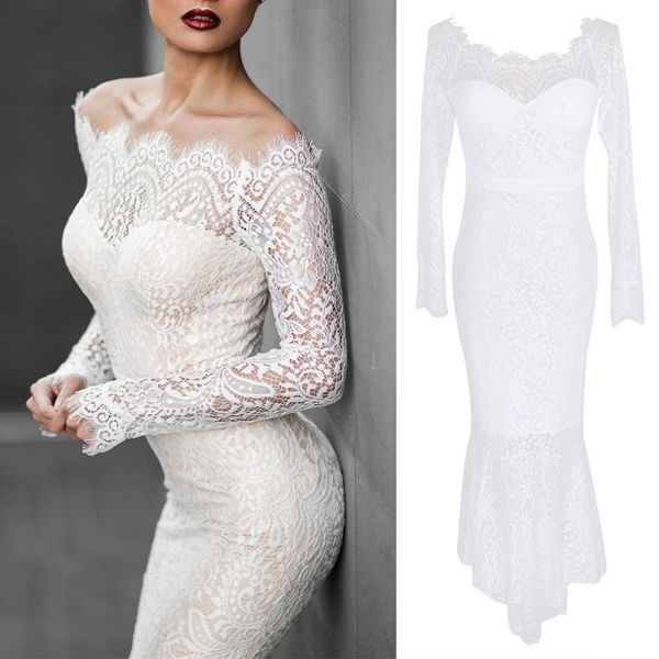 

2017 women long sleeve boat neck lace fishtail evening prom white dress, Black;gray