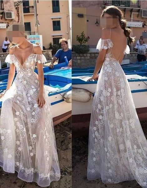 

unique cold shoulder v-neck bohemian wedding dresses 2020 long expensive flowers lace short sleeve open back bridal gowns boho berta dress, White