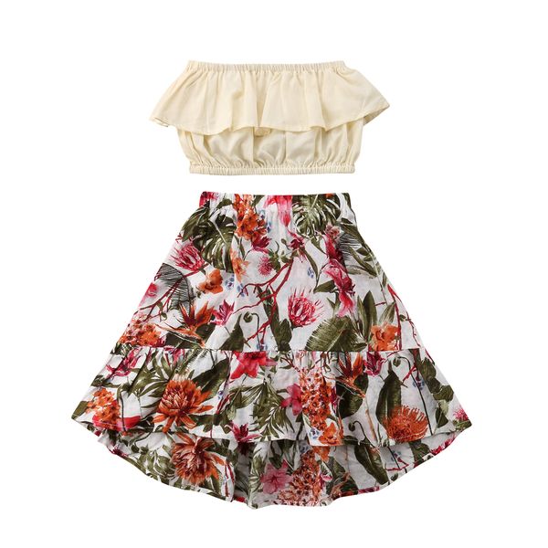 

summer cute 2pcs kids baby girl clothes set ruffled wrapped chest+floral skirt outfits summer clothes set girls clothes, White