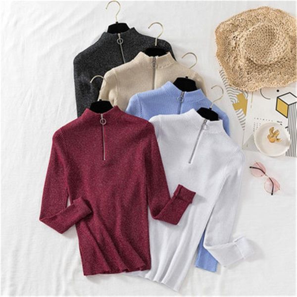 

2020 turtleneck knit sweater shinny women sweaters and pullovers spring autumn slim zipper basic sweater jumper pz2888, White;black