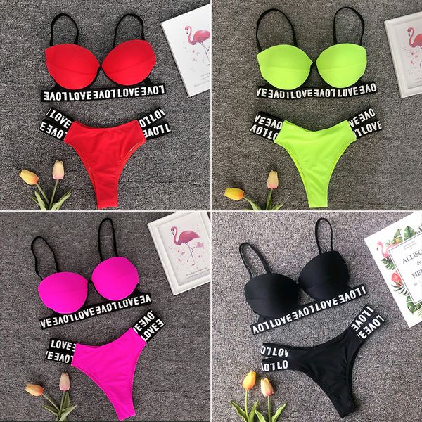 

in-x neon bikini 2019 sports swimwear women push up bikini set letter bathing suit bandage bathing suit beach wear bathers