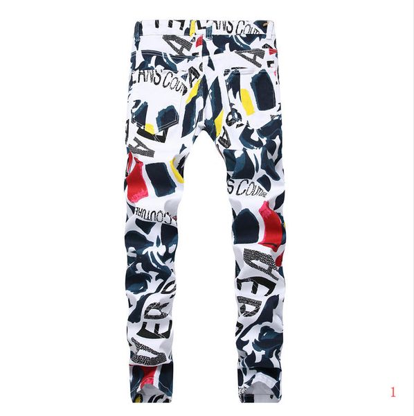 

2020 men designer jeans fashion hip hop washed pattern print bleached long distrressed zipper fly straight cotton blend lr191228, Blue