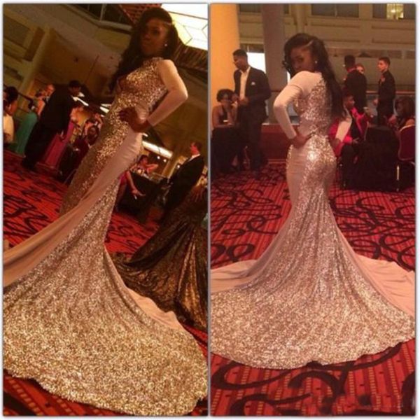 

Gold Sequins Mermaid Prom Dresses Long Sleeves High Keyhole Neck Saudi Arabic Party Gowns Modest Formal Evening Wear